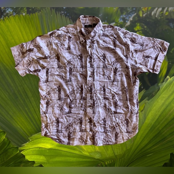 CAF'E LUNA FISH PRINT SHORT SLEEVE SHIRT BEIGE BROWN & WHITE XL(46/48)Men Cotton - Picture 2 of 16